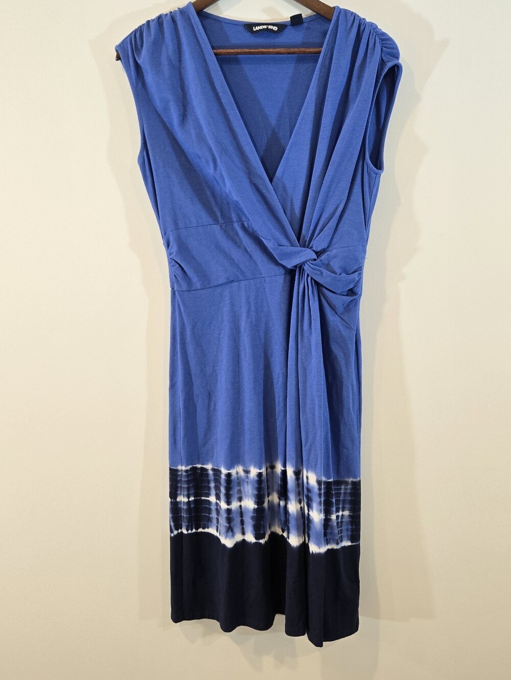 Lands End Blue Knit Side Knot Dress Sz M Watercolor Bottom Casual Comfort